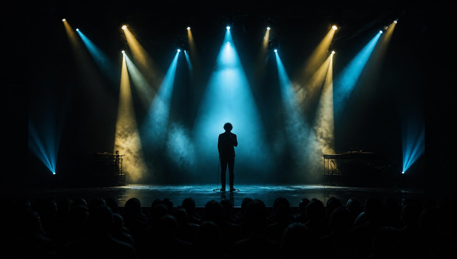 Performer centre stage under cyan and gold spotlights in a dark auditorium